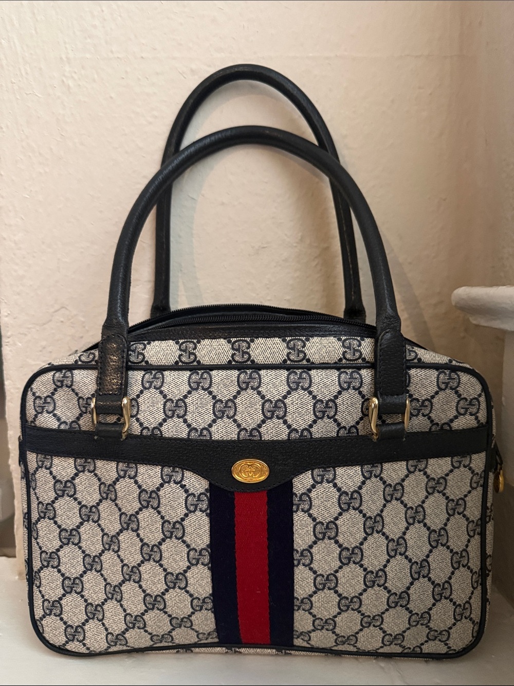 Gucci Beige Navy Red Monogram Satchel